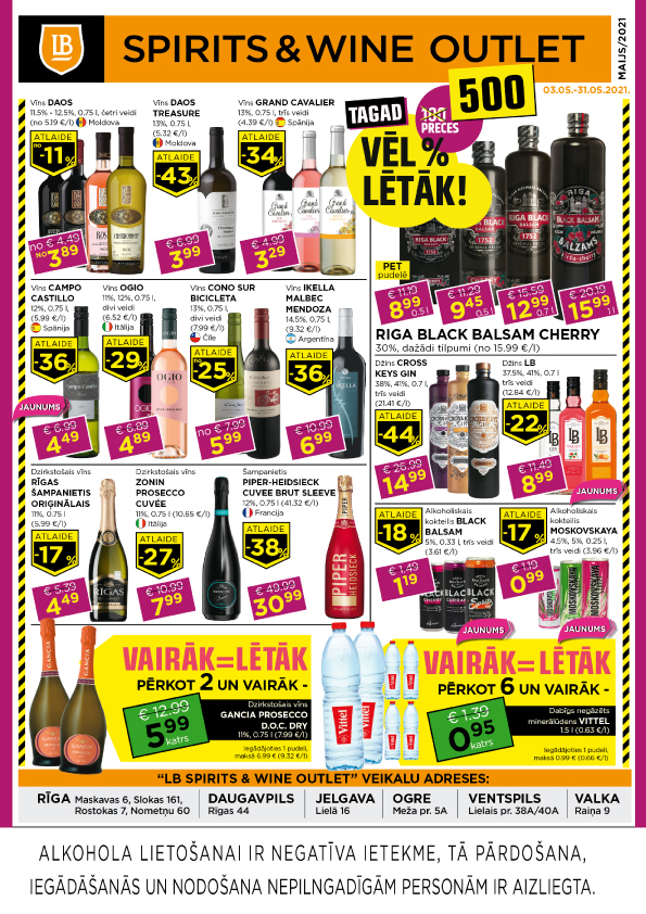 LB Spirits&Wine Outlet akcijas maijā (cenas var atšķirties no cenām e-veikalā)
