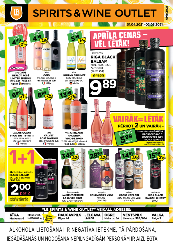 LB Spirits&Wine Outlet akcijas aprīlī (cenas var atšķirties no cenām e-veikalā)