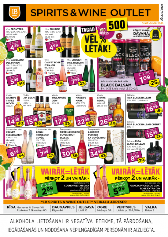 LB Spirits&Wine Outlet akcijas jūlijā (cenas var atšķirties no cenām e-veikalā)